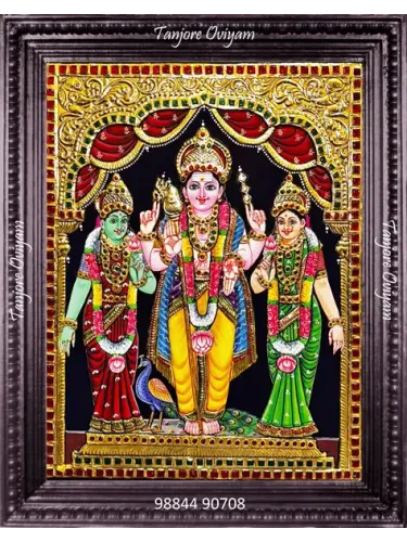Murugar Valli Deivanai Tanjore painting Murugan with consorts gold foil traditional artwork